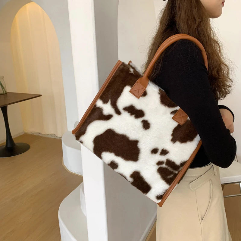 Chic Cow Print Plush Tote Bag with PU Leather Trim