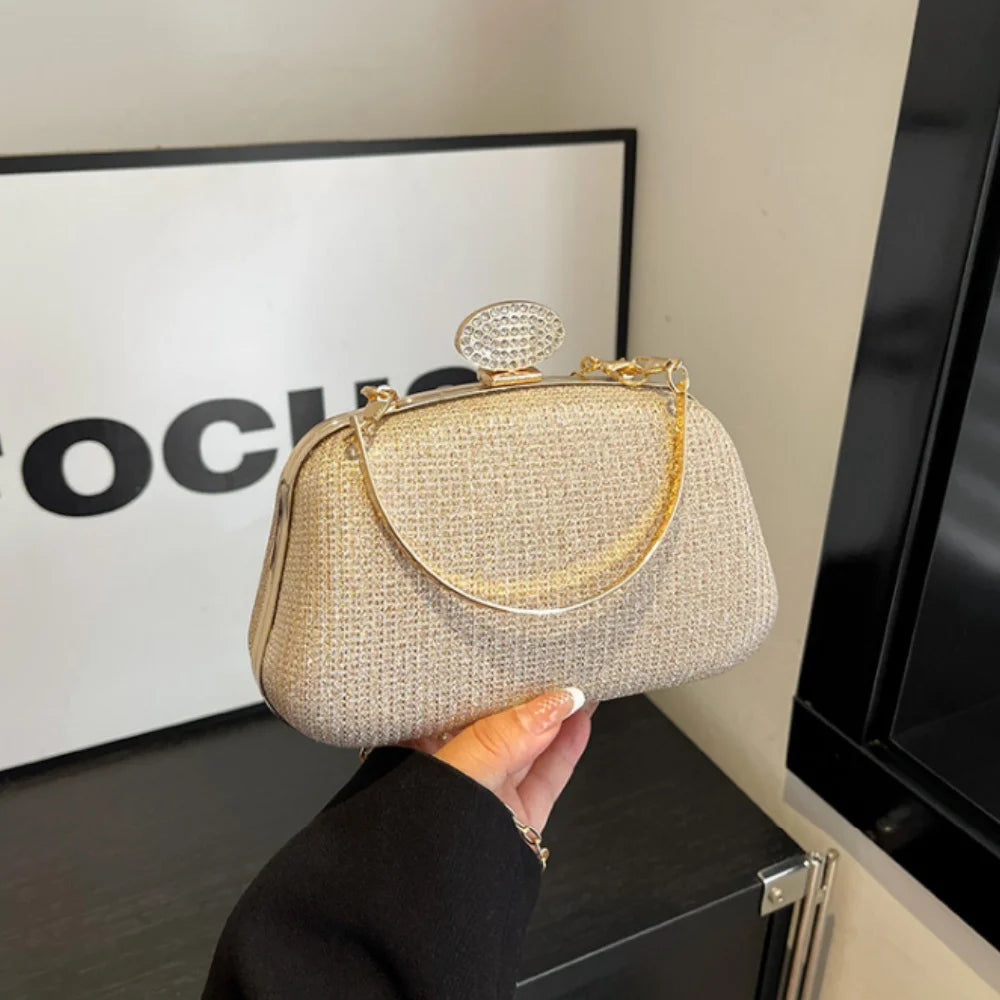 Glamorous Glitter Rhinestone Clasp Evening Clutch & Party Handbag with Metal Handle