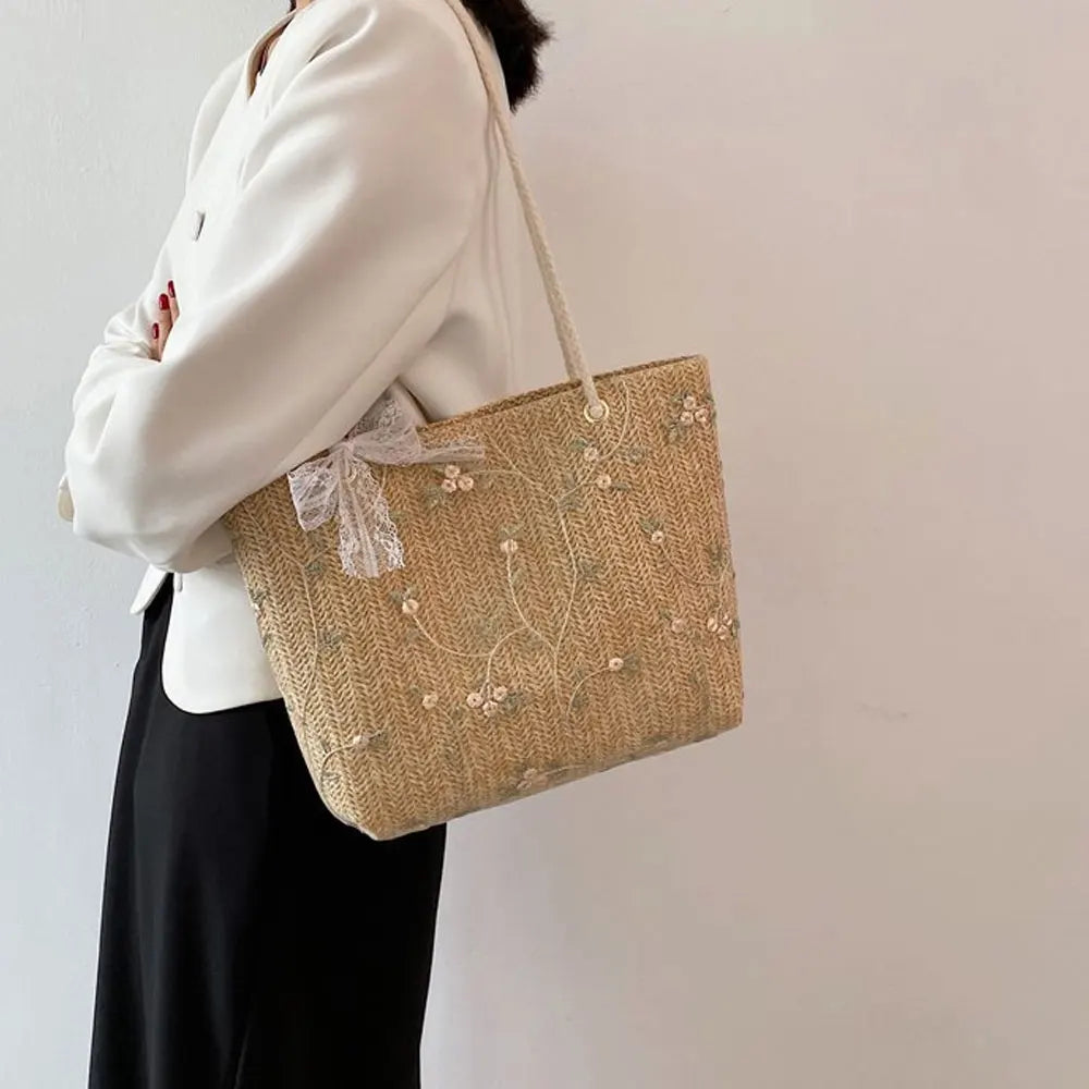 Aesthetic Floral Embroidered Tote Bag with Lace Bow & Rope Handles