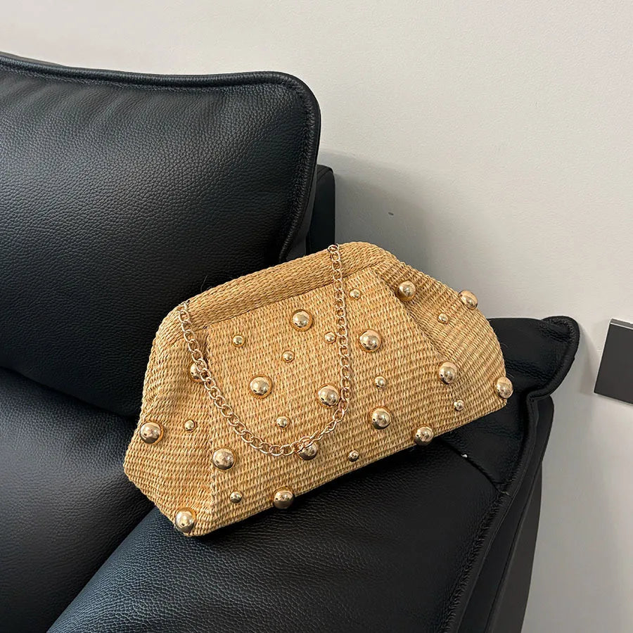 Chic Gold-Studded Woven Straw Clutch & Evening Pouch Bag