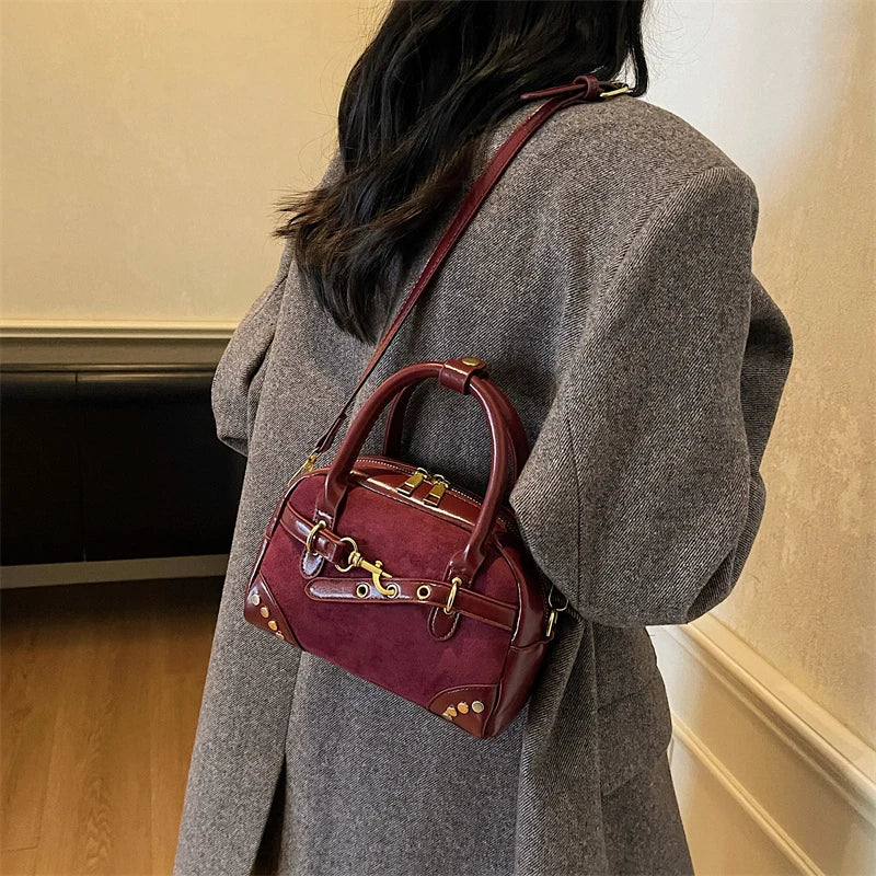 Dark Academia Chic Buckled Handbag with Gold Hardware