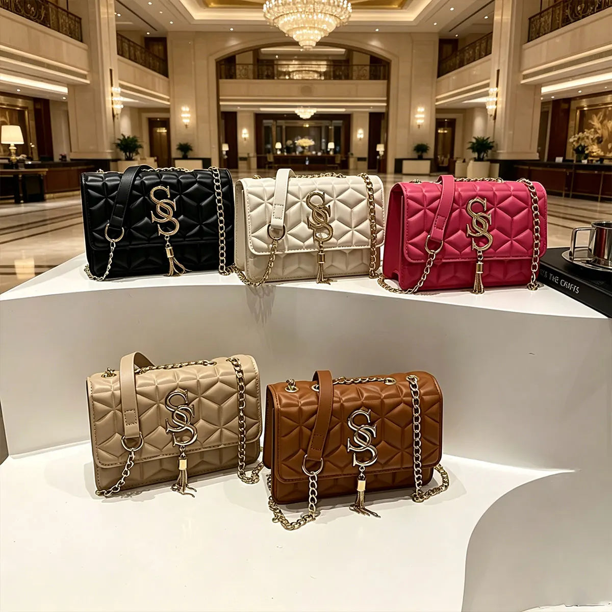 Luxury Quilted Geometric Flap Shoulder Bag with Gold Letter Monogram & Chain Strap