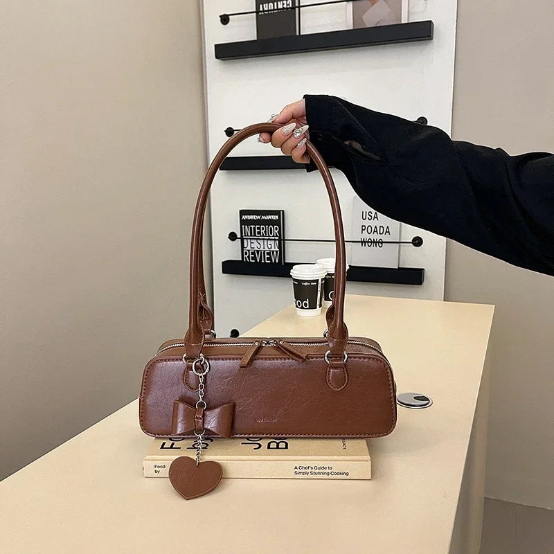 Retro Long East-West Shoulder Bag | Aesthetic Korean Style Shoulder Purse