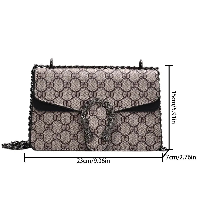 Luxury Monogram Flap Shoulder Bag with Tiger Head Accent & Dark Chain
