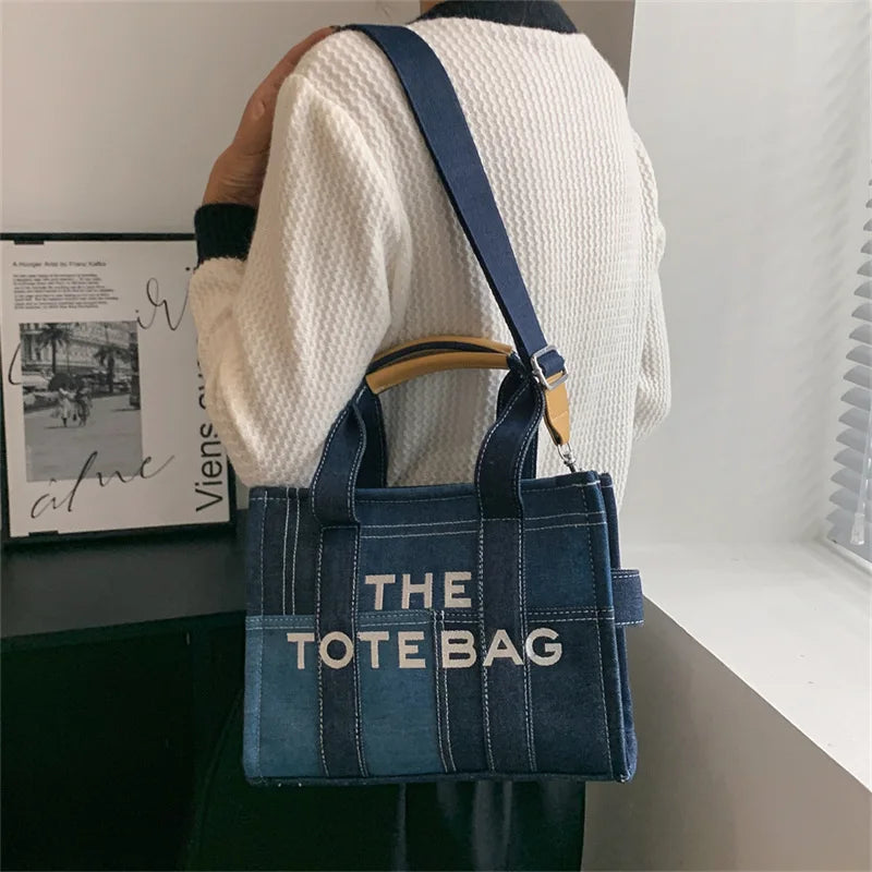 Casual Denim Patchwork "The Tote Bag" with Top Handles & Crossbody Strap