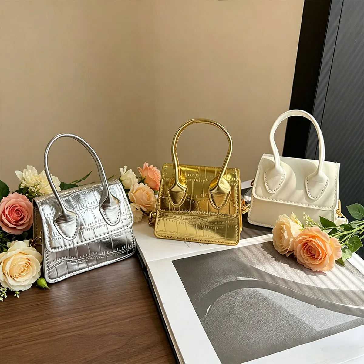 Metallic Gold Croc Pattern Micro Mini Bag | Cute Faux Leather Crossbody Phone Bag