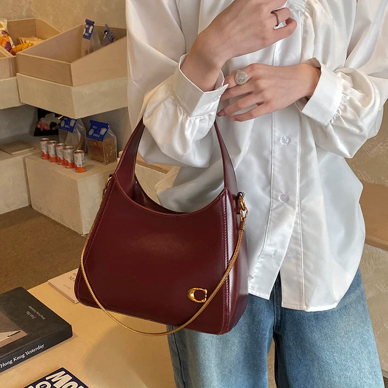 : Women’s Vintage Leather Hobo Bag – Retro Wine Red Underarm Bag & Shoulder Purse with Gold Chain Accent