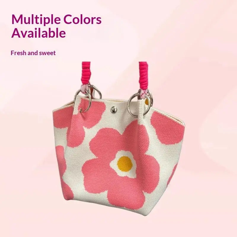 Cute Floral Knit Mini Handbag | Aesthetic Woven Top-Handle Tote Bag