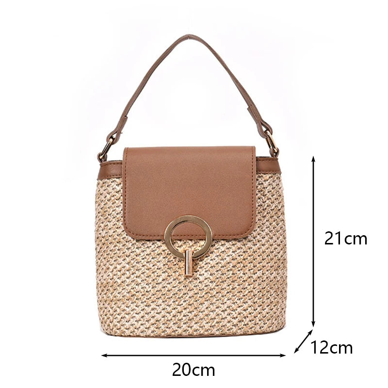 Boho Chic Straw & Leather Bucket Bag | Woven Top-Handle Crossbody Beach Bag