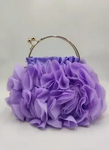 Elegant Floral Ruffle Organza Clutch & Handbag with Gold Metal Kiss-Lock Handle
