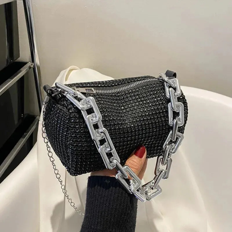 Glamorous Silver Rhinestone Evening Bag | Thick Chain Link Sparkly Crossbody Clutch