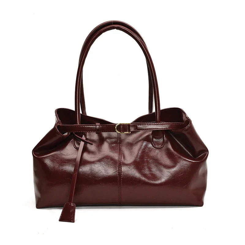 Vintage Dark Red Leather Tote Bag with Buckle Detail & Long Shoulder Straps