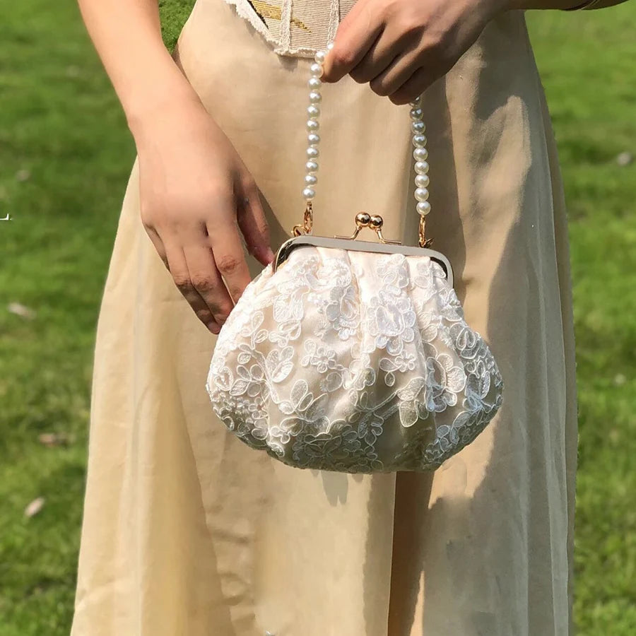 Elegant Floral Lace Clutch & Pearl Beaded Handbag for Women & Brides