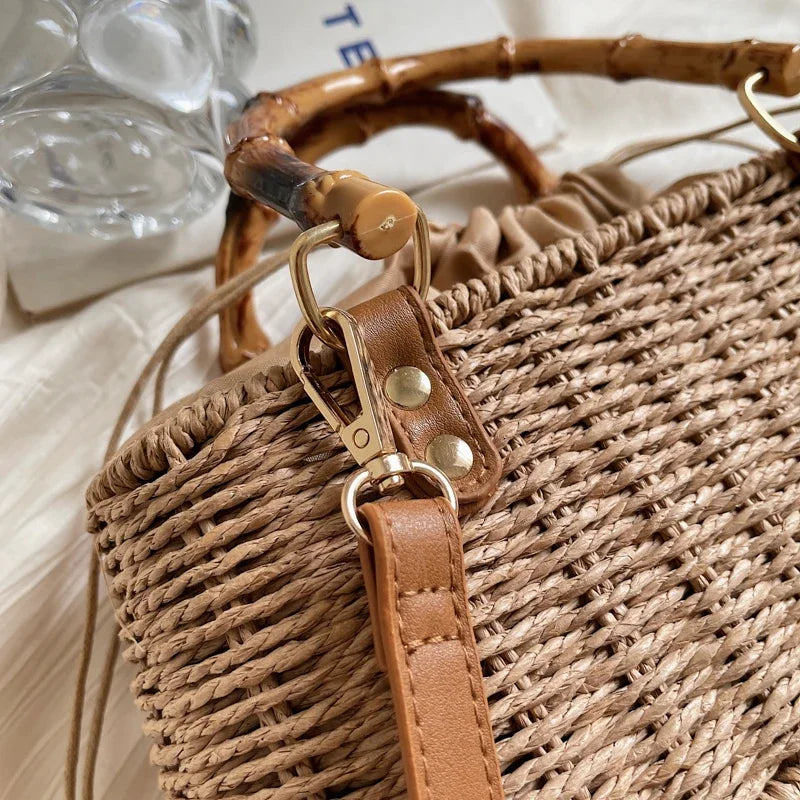 Boho Chic Bamboo Handle Straw Woven Crossbody & Top-Handle Bag