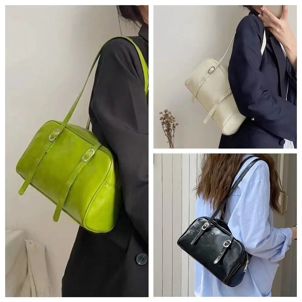 Vibrant Lime Green Casual Shoulder & Tote Bag with Buckle Accents
