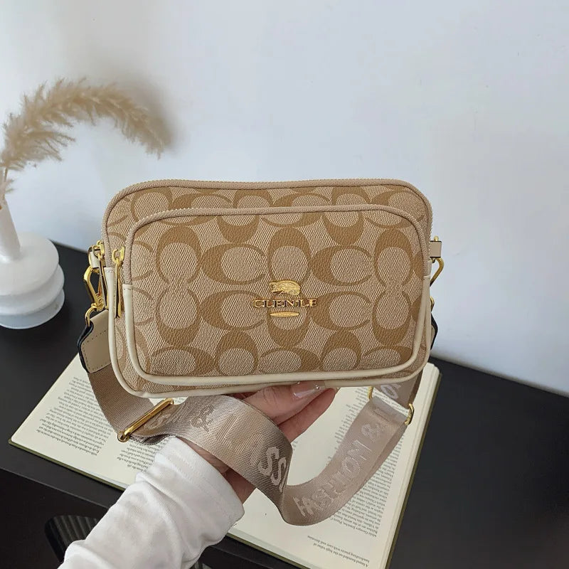 Classic Monogram Pattern Multi-Pocket Crossbody Bag for Women | Chic Wide Strap Shoulder Camera Purse