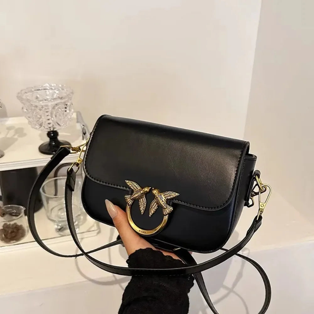 Elegant Maroon PU Leather Crossbody Bag with Gold Bird Clasp