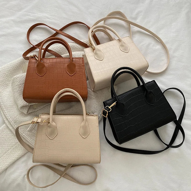 Faux-Croc Textured Structured Handbag with Crossbody Strap