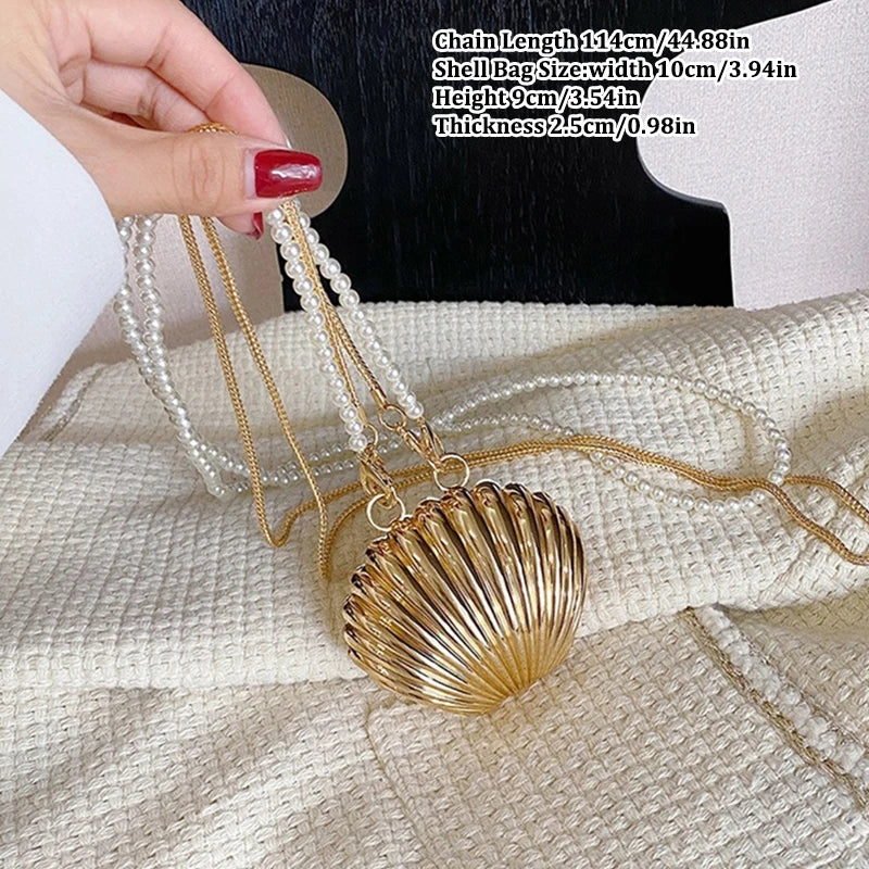 Luxury Golden & Silver Shell Minaudière Bag with Pearl Strap