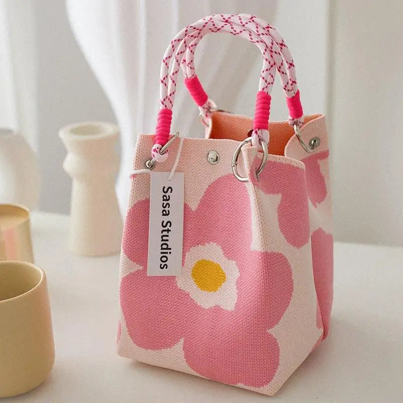 Cute Floral Knit Mini Handbag | Aesthetic Woven Top-Handle Tote Bag