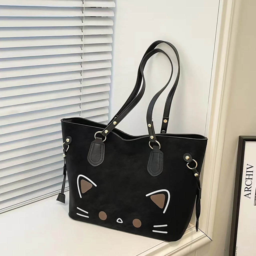 Kawaii Cute Cat Face Graphic Large Capacity Shoulder Tote Bag