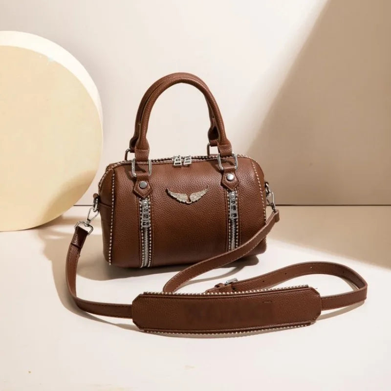 Edgy White Studded Barrel Crossbody Bag | Y2K Rock Chic Winged Handbag ✨