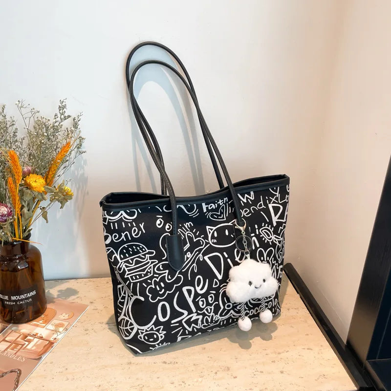 Trendy Graffiti Print Canvas Tote Bag with Cute Cloud Pendant & Shoulder Straps