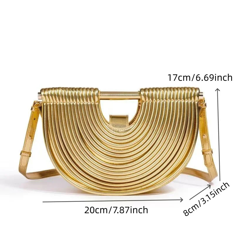 Luxury Metallic Gold Pleated Half-Moon Evening Clutch & Crossbody Bag
