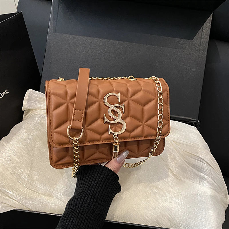 Luxury Quilted Geometric Flap Shoulder Bag with Gold Letter Monogram & Chain Strap