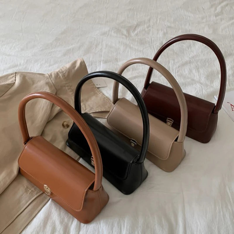 Minimalist Smooth Leather Shoulder Bag – Vintage Rectangle Baguette Bag for