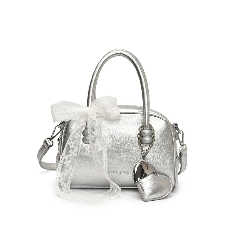 Aesthetic PU Leather Boston Bag / Crossbody Bag with Lace Bow & Heart Pendant