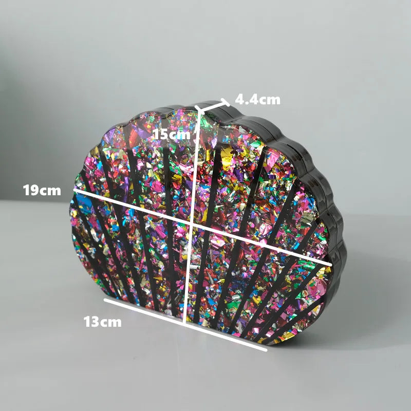 Vibrant Glitter Shell Acrylic Clutch Bag – Colorful Party Handbag with Interwoven Chain Strap