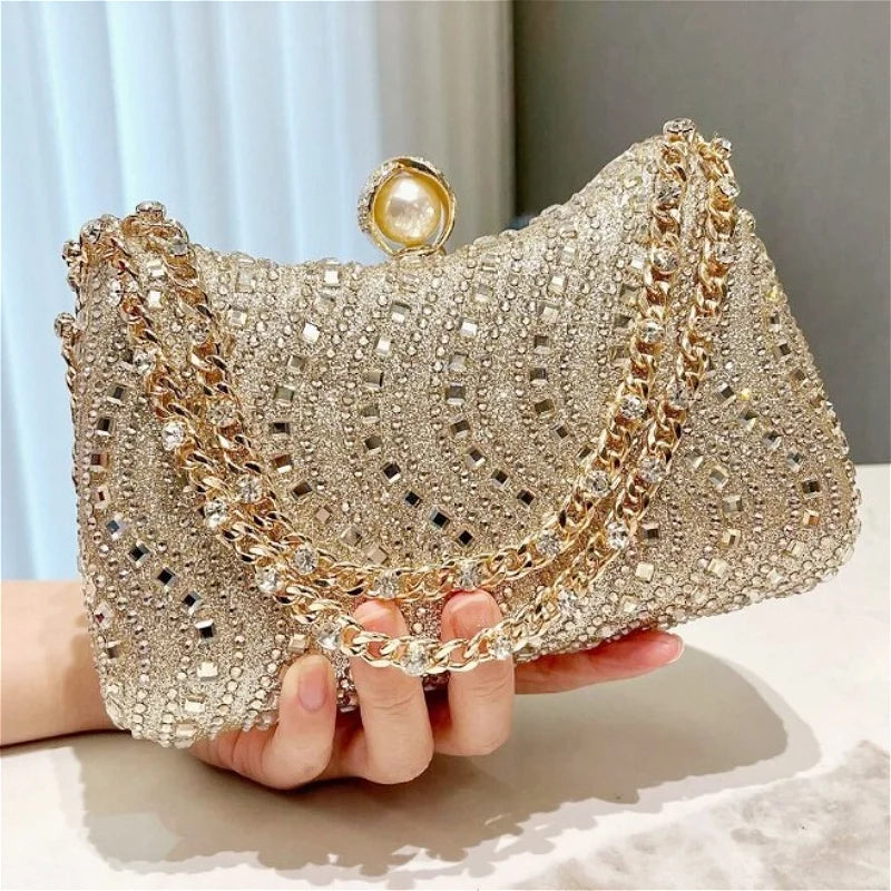 Glamorous Rhinestone Crystal Evening Clutch Bag - Luxury Pearl Clasp Party Handbag with Detachable Chain