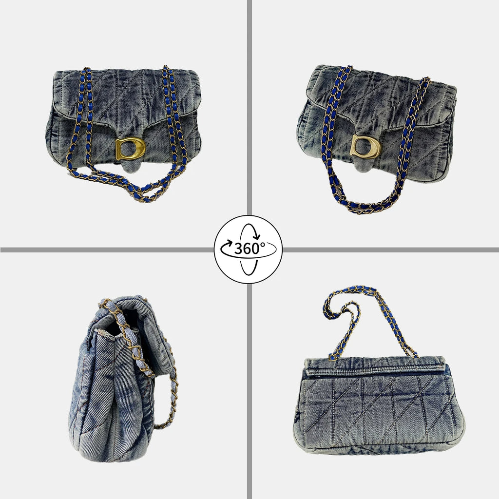 Vintage Quilted Denim Chain Handbag