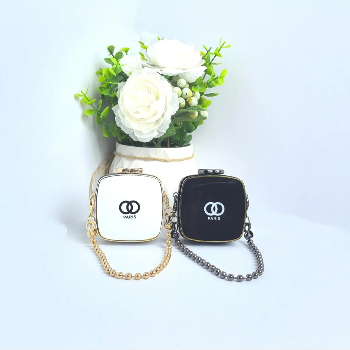 Chic Paris Print Mini Box Bag with Gold Bead Chain