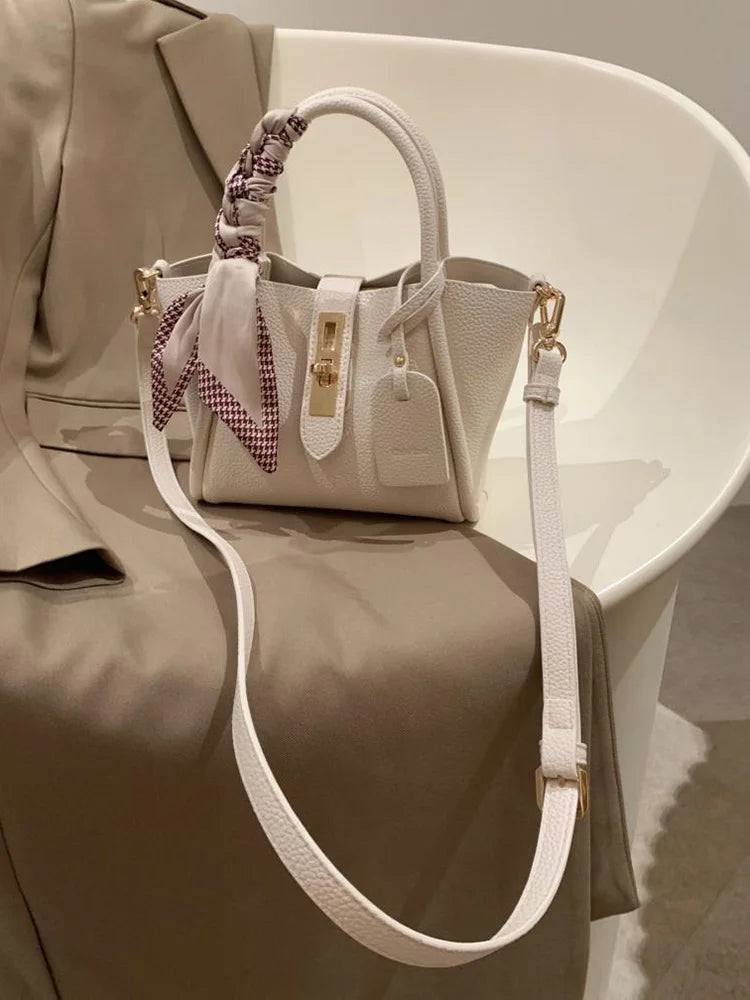 Elegant White Pebbled Leather Handbag with Scarf – Chic Top Handle & Crossbody Tote