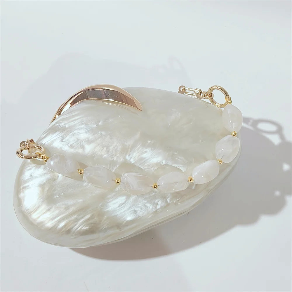 Luxury White Marble Evening Clutch and Handbag with Beaded Strap