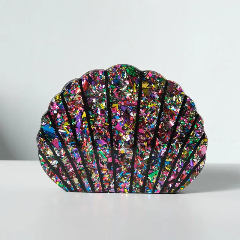 Vibrant Glitter Shell Acrylic Clutch Bag – Colorful Party Handbag with Interwoven Chain Strap