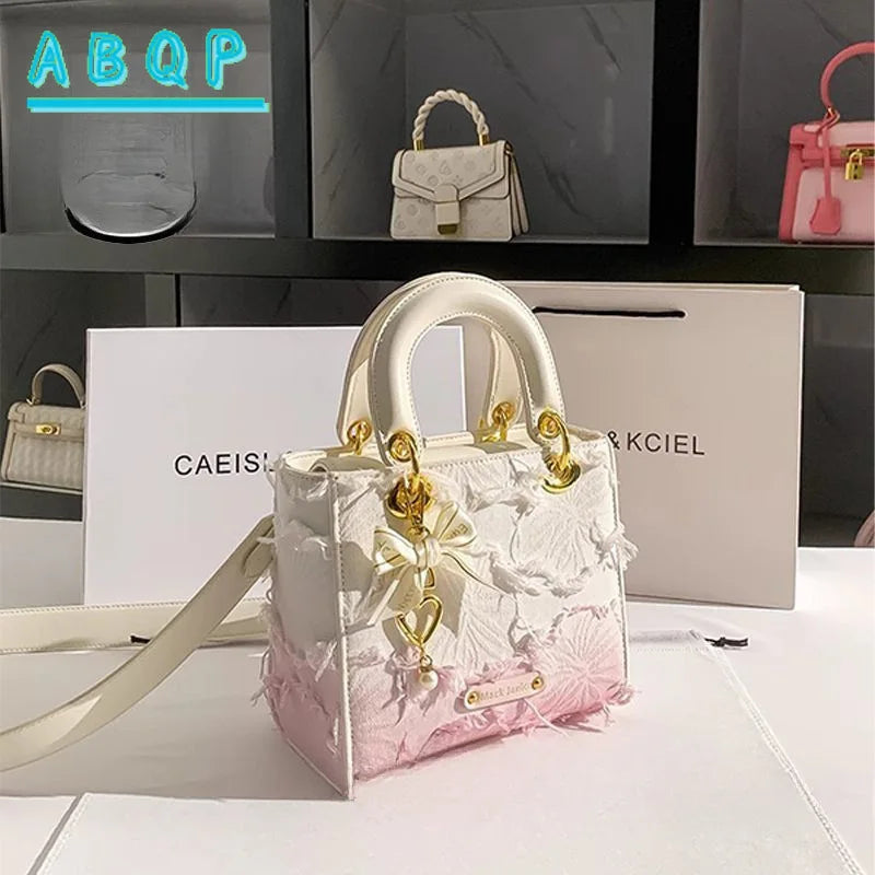 Trendy White & Pink Gradient Mini Handbag with Crossbody Strap and Pearl Bow Details