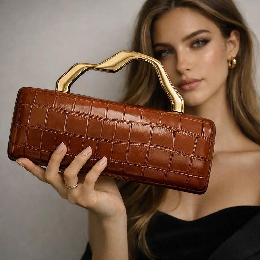 Luxurious Crocodile Texture Evening Clutch Bag for Women | Elegant Gold Metal Handle Party Purse & Crossbody