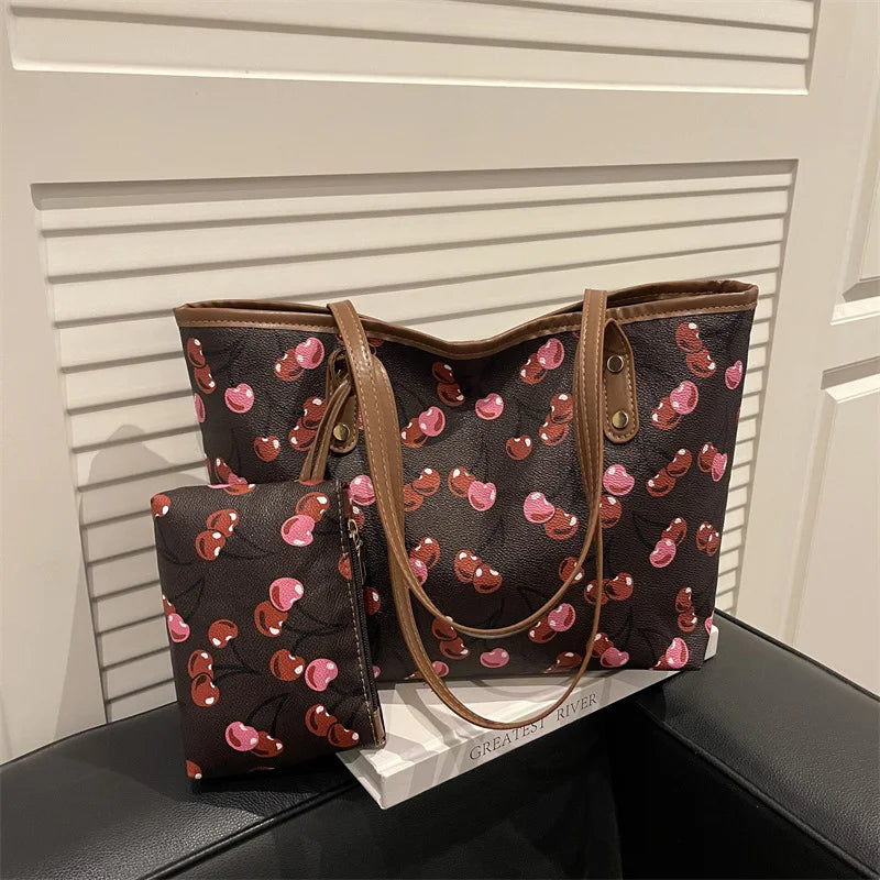 Chic Cherry Print Leather Tote Bag with Matching Pouch – Spacious Casual Shoulder Bag for Women