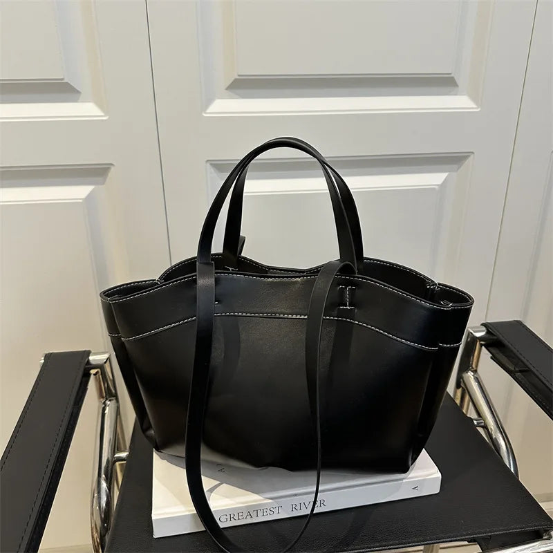 Classic Contrast-Stitch Structured Tote Bag with Double Top Handles (Brown)
