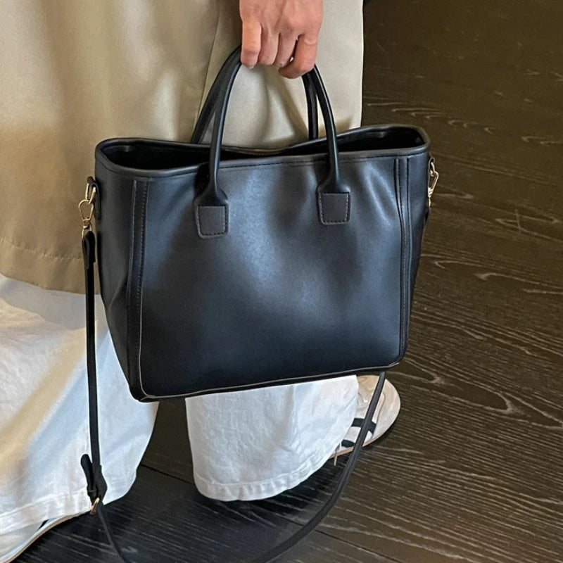 Two-Tone PU Leather Tote Bag with Adjustable Strap & Top Handles