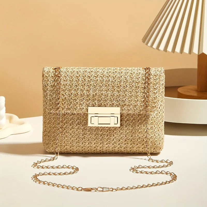 Chic Straw Woven Chain Crossbody Bag for Women