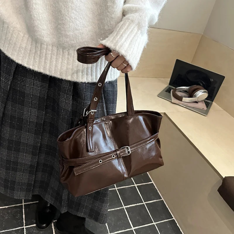 Vintage Wine Red Patent Leather Tote Bag | Stylish Buckle Strap Handbag with Eyelet Details