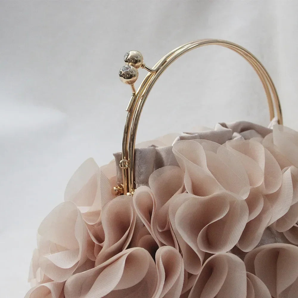 Elegant Floral Ruffle Organza Clutch & Handbag with Gold Metal Kiss-Lock Handle