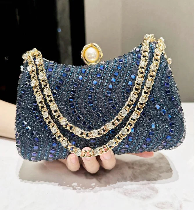 Glamorous Rhinestone Crystal Evening Clutch Bag - Luxury Pearl Clasp Party Handbag with Detachable Chain