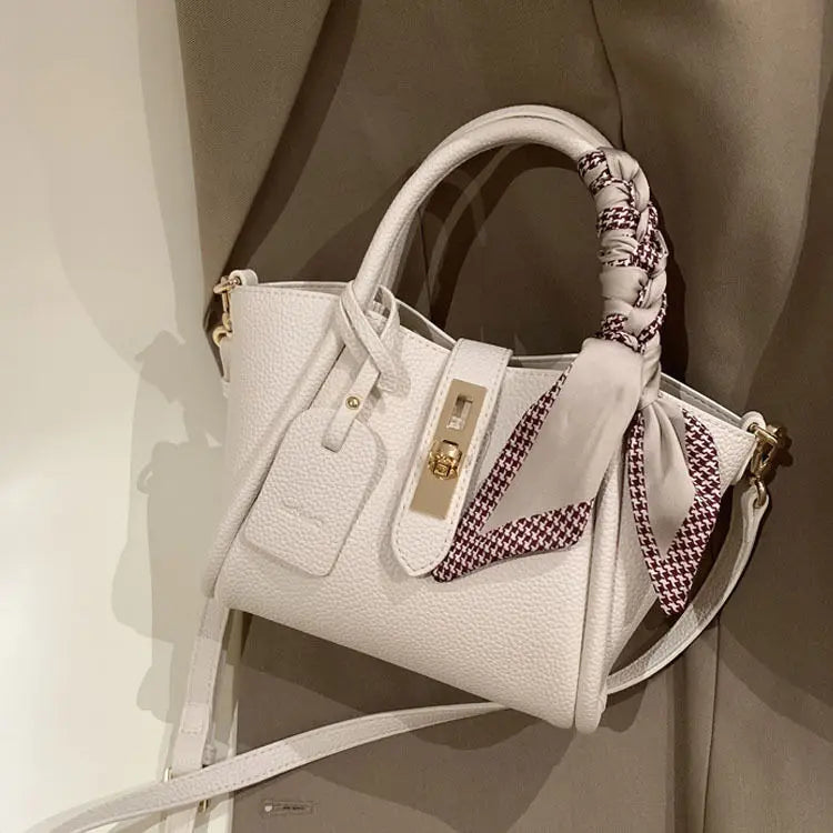 Elegant White Pebbled Leather Handbag with Scarf – Chic Top Handle & Crossbody Tote