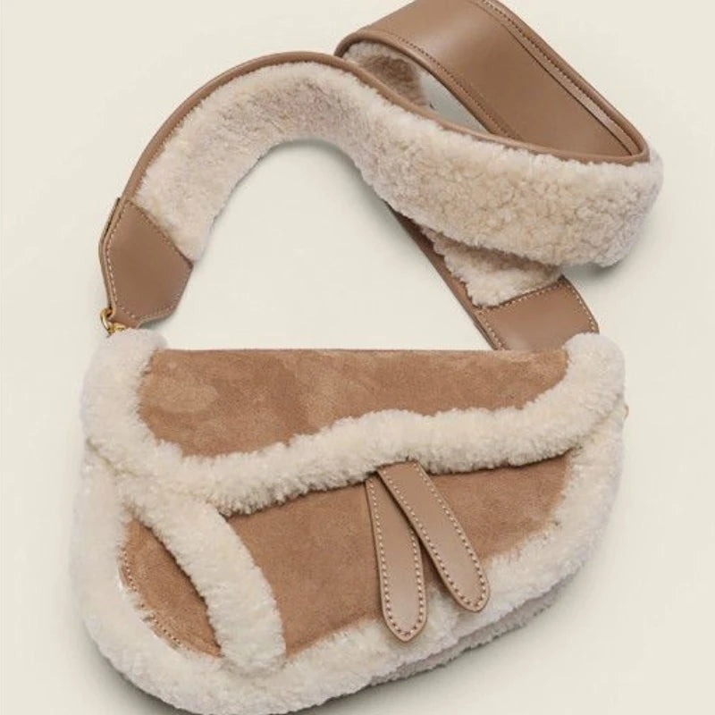 Cozy Shearling Trim Suede Saddle Bag – Winter Fluffy Wide-Strap Crossbody & Shoulder Bag for Women