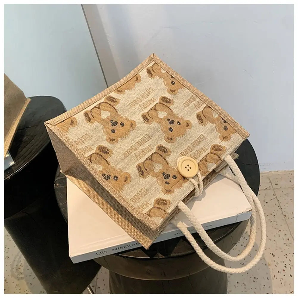 Adorable "Happy Little Bear" Print Jute and Canvas Tote Bag Featuring Soft Rope Handles and Cute Wooden Button Closure for Women and Girls